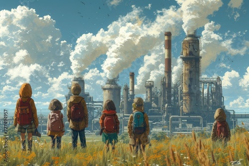 children with their backs turned observing a factory with chimneys that pollute photo