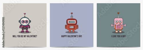 Set of cute Valentine's Day greeting cards, posters, templates, labels with funny and colorful robots