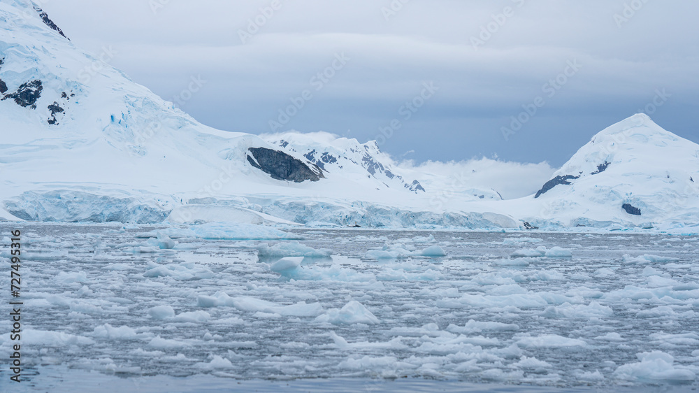 Glaciers on shore of Antarctic Peninsula. Ice snow. 