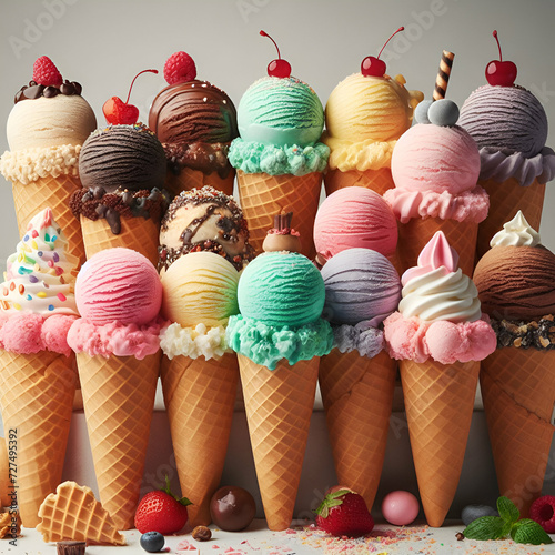 Side View of Various Colors & Different Sweet Flavors of Tasty Fresh Ice Cream Food Scoops, Sherbet, & Gelato in Waffle Cones Lined up in a Row. Vanilla, Chocolate, Strawberry. Summer Dessert Fantasy.