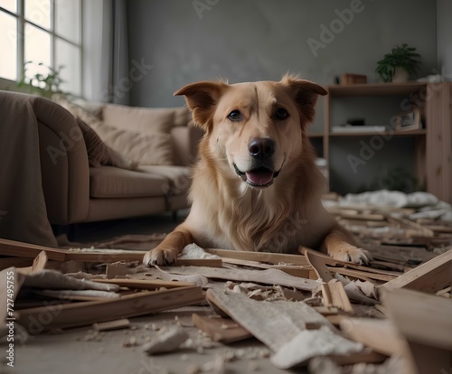 Mischievous Golden Retriever amidst chaos, guilt-free, practical humor.