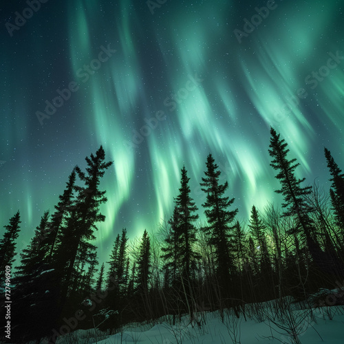 Majestic Northern Lights Over Snowy Forest