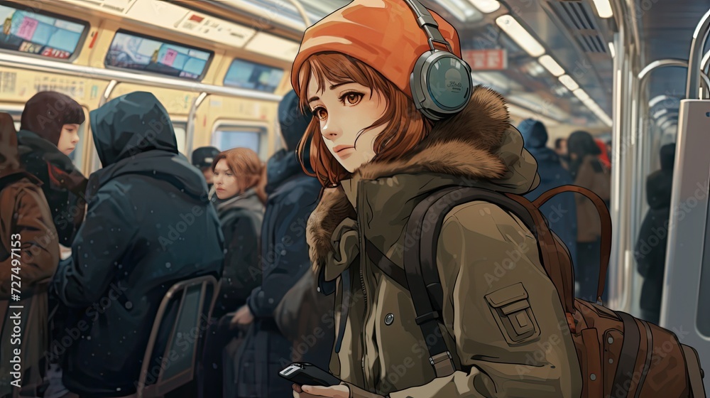Fototapeta premium An anime character commuting