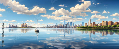 Urban Skyline Landscape with tall buildings and river reflection, and a boat on the river. clouds in the sky.