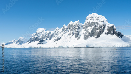 Antarctica mountains and sea. South Pole. On a sunny day. 