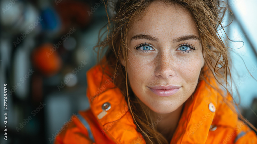 Portrait of empowered female maritime professional at work. Hard working woman at the ship. Maritime concept. Work concept. Woman concept. Portrait of empowered female maritime professional at work. Hard working woman at the ship. Maritime concept. Work concept. Woman concept.