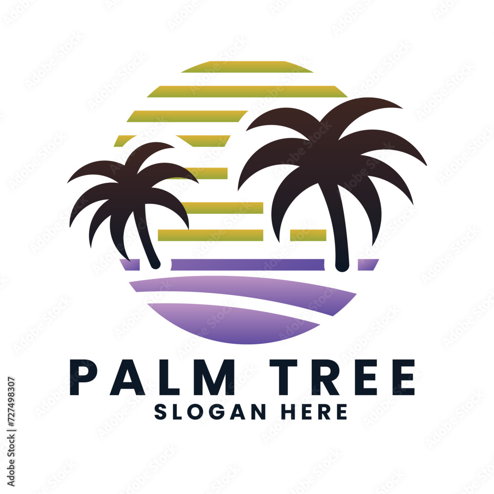Sunset sea ocean beach logo design.palm tree logo design vector.wave logo design.leaf tree logo design
