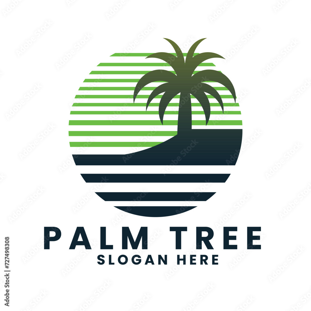 Sunset sea ocean beach logo design.palm tree logo design vector.wave logo design.leaf tree logo design
