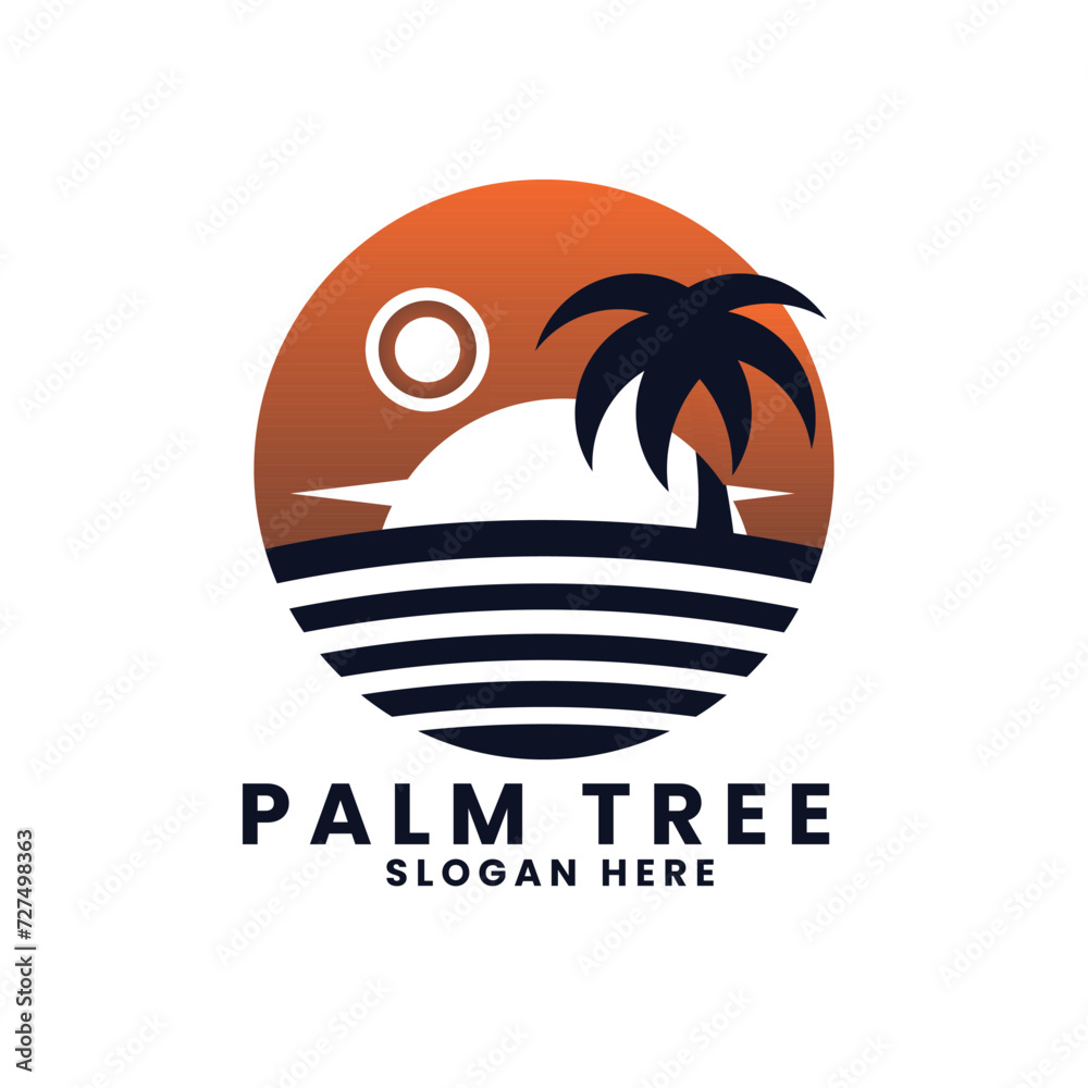 Obraz premium Sunset sea ocean beach logo design.palm tree logo design vector.wave logo design.leaf tree logo design 