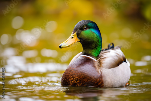 A mallard duck with iridescent green head feathers floating serenely on calm water with a blurred yellow background.