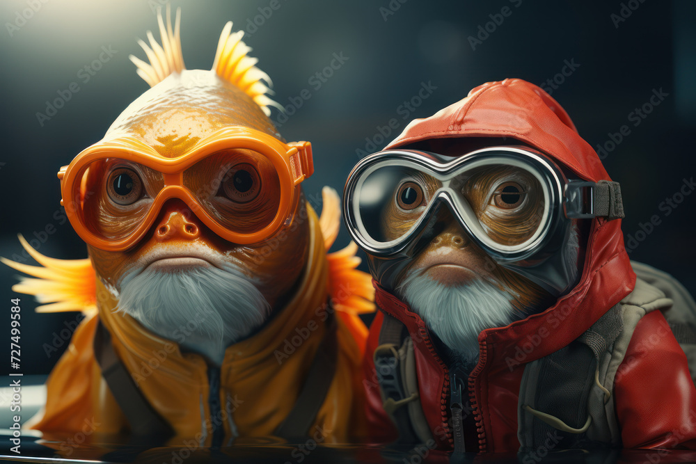 Two fish in a bowl, one wearing a scuba mask, adding a twist to aquatic life. Concept of absurdity humor. Generative Ai.