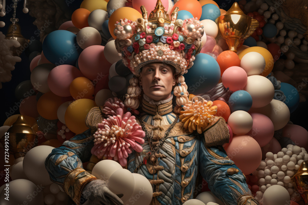 A portrait of a king but his crown is made of balloon animals, mixing majesty with playfulness. Concept of playful royalty. Generative Ai.