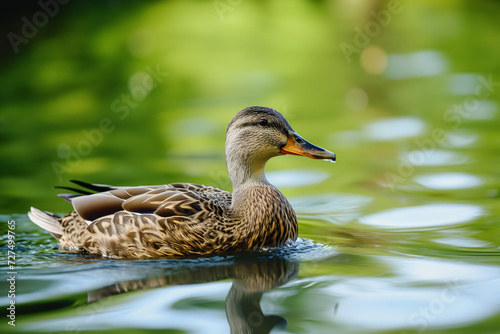 A female mallard duck floats on calm water with a green blurred background, showcasing her brown plumage and distinctive orange and black beak.