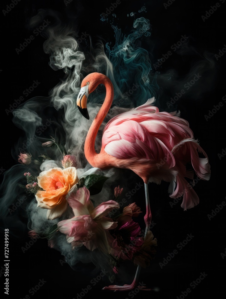 Naklejka premium Flamingo with beautiful color flower explosion