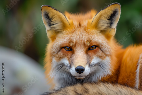A close-up of a red fox looking at the camera.