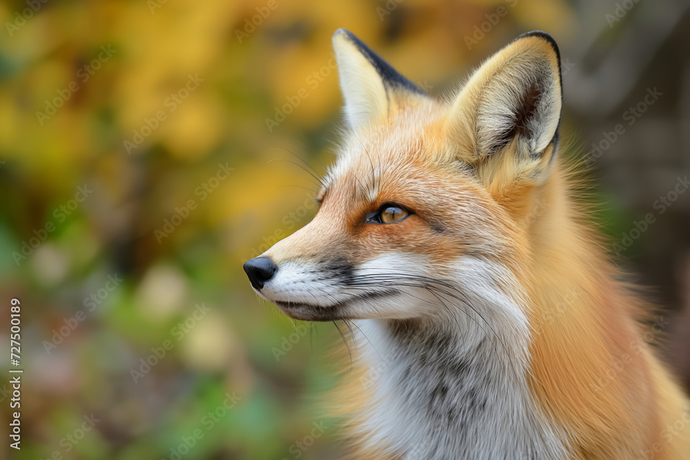 A red fox in profile with autumn colors in the background. A red fox in profile with autumn colors in the background.