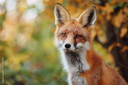 An alert red fox with intense eyes in a fall setting. © Enigma