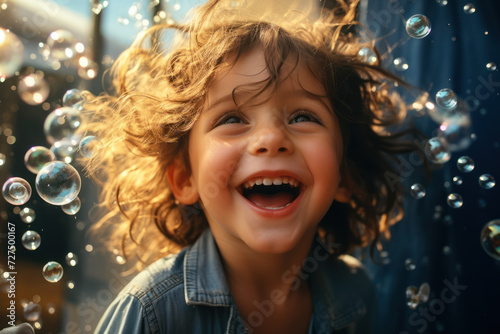 A child laughing amidst a shower of soap bubbles, capturing the essence of pure joy and innocence. Concept of childlike happiness. Generative Ai.