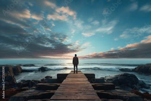 A figure standing at the end of a pier facing a vast ocean, depicting contemplation and introspection. Concept of contemplation. Generative Ai.