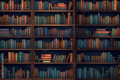 illustration of bookshelves background with stacks of books