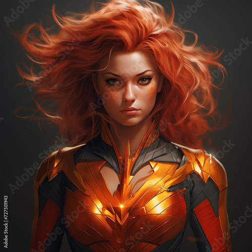 Fiery red and orange superhuman woman with glowing red flowing hair and beautiful super suit ready for battle