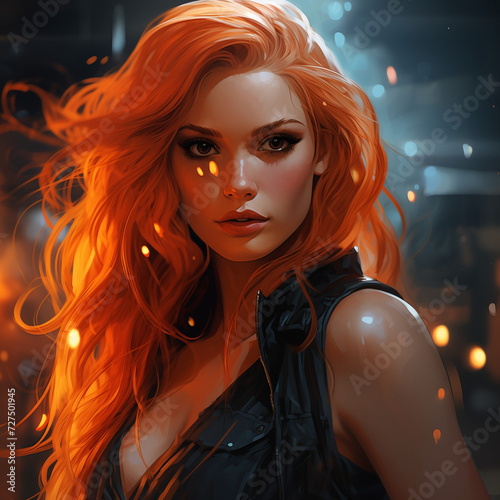 Fiery red and orange superhuman woman sidekick with glowing red flowing hair and beautiful super suit ready for battle