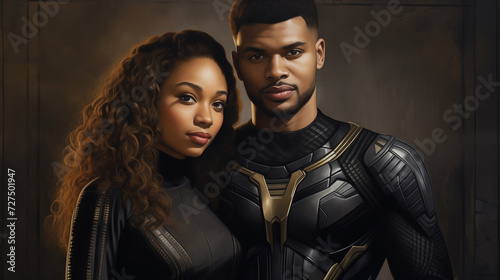 Super human couple with black and gold super suits standing together ready. Female superhuman with long black flowing curly hair and Male superhuman with stylish fade and clean cut beard and mustache