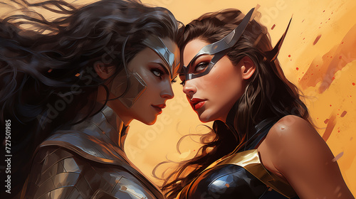Two female superhuman heroes facing one another with superhero mash and super suits