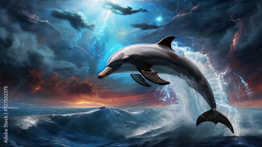 Fototapeta premium Dolphins breaking waves