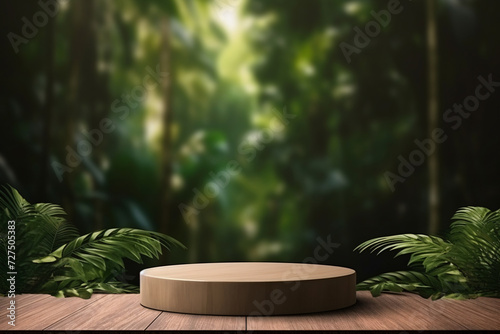 Wooden Podium in Lush Tropical Forest, Showcase Your Product in Paradise