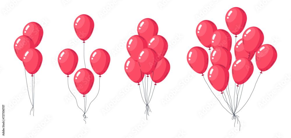 Helium floating balloons. Red balloons bunches, flying red glossy balloon flat vector illustration set. Balloons birthday party decorations on white