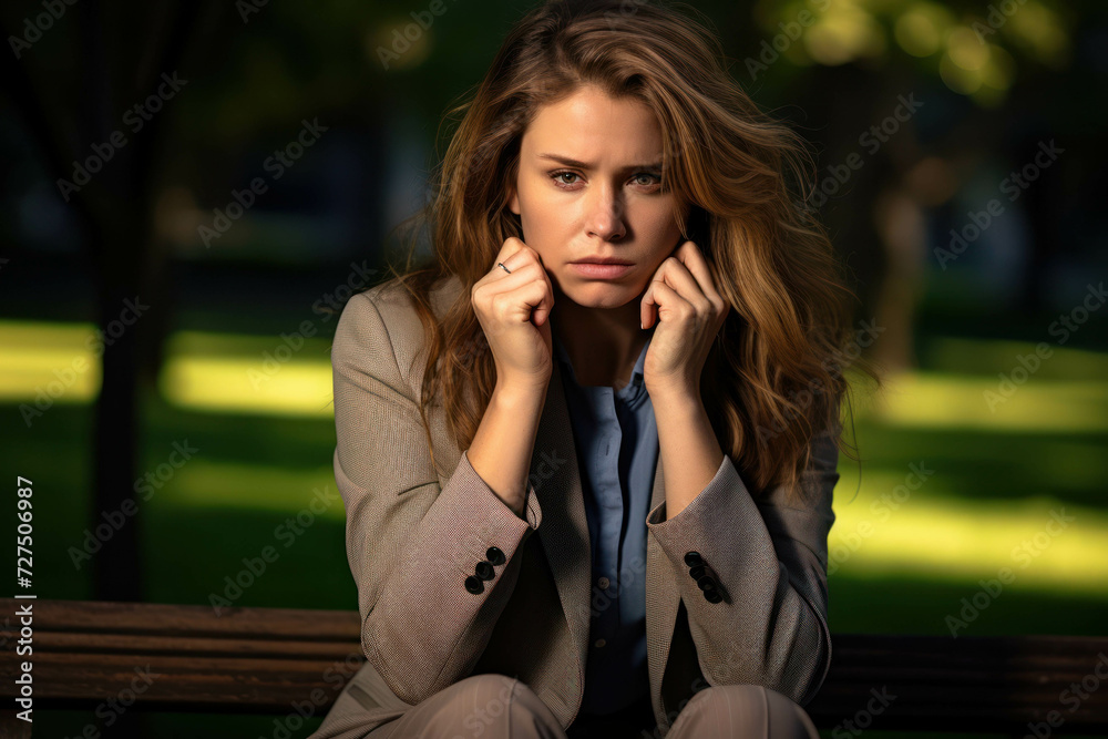 Businesswoman sitting alone in a park, tears rolling down her cheeks