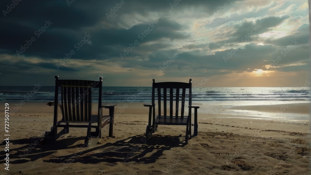 2 chair with sunset on the beach