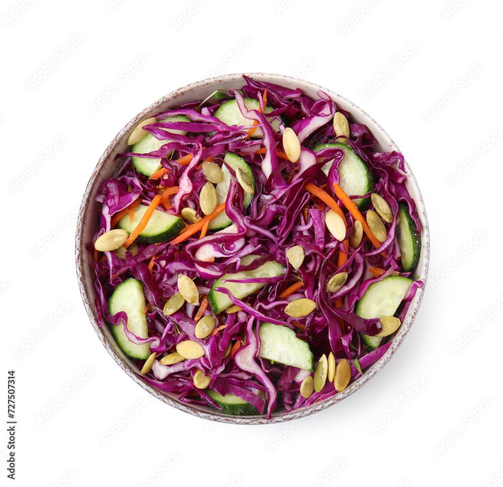 Fototapeta premium Tasty salad with red cabbage and pumpkin seeds in bowl isolated on white, top view