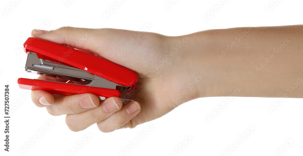 Woman holding red stapler on white background, closeup Woman holding red stapler on white background, closeup