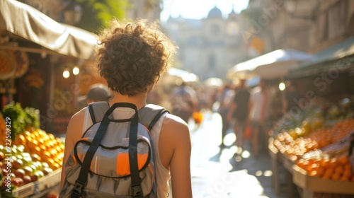 City Market Wanderer backpack traveler, fruit stall backdrop, cobblestone journey