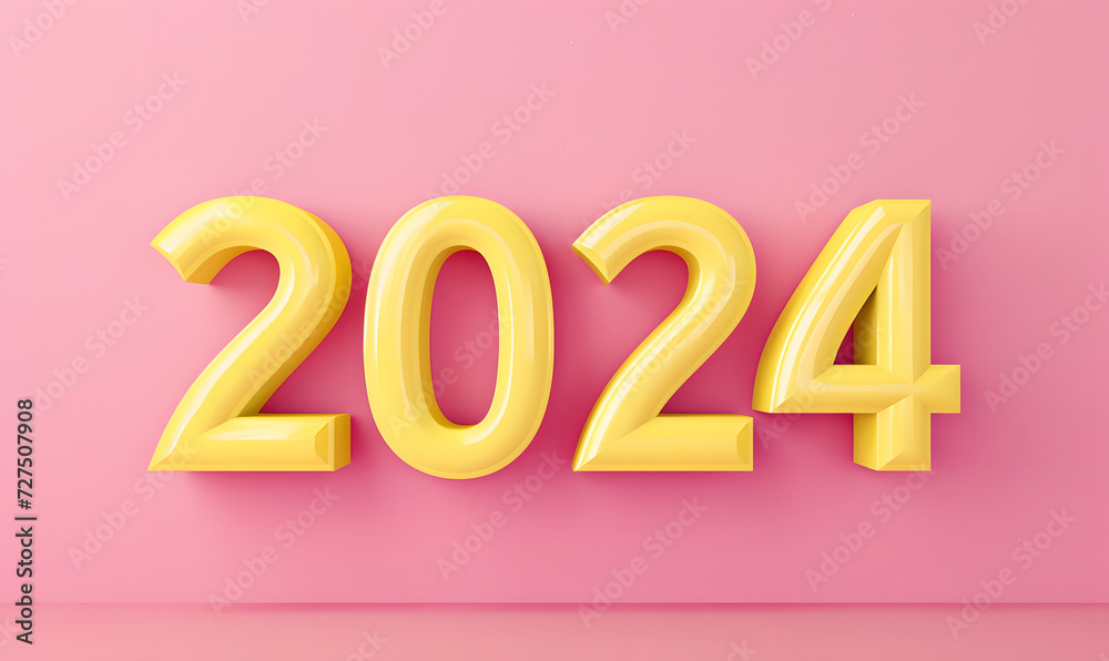 Yellow 3d rendering 2024 text on pink background, Generative AI