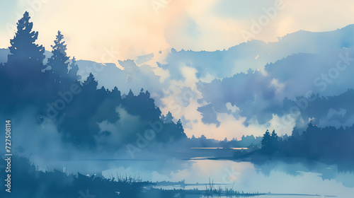 Watercolor Mist Over River Valley at Dawn
