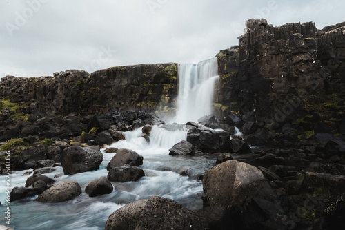 Oxararfoss Waterfall at Thingvellir, Iceland. attractions on the Golden Circle tourist route © piksik