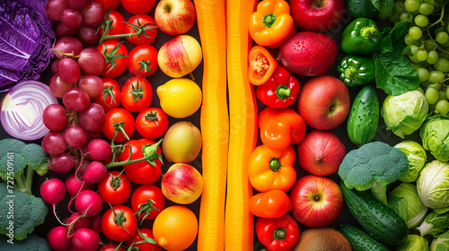 A harmonious array of vibrant colors and textures from fresh produce. Ripe fruits and vegetables arranged to create a beautiful collage that showcases the bounty of nature. photo