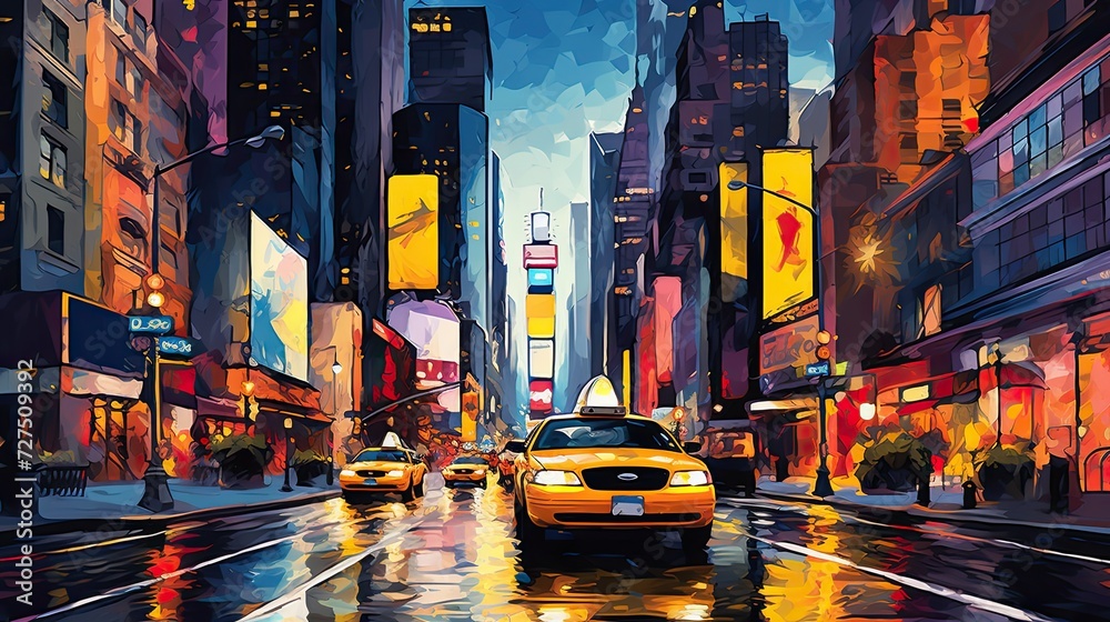 Obraz premium low angle of colorful Broadway street at night