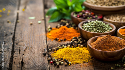 Vibrant Spice Display on Wooden Table photo