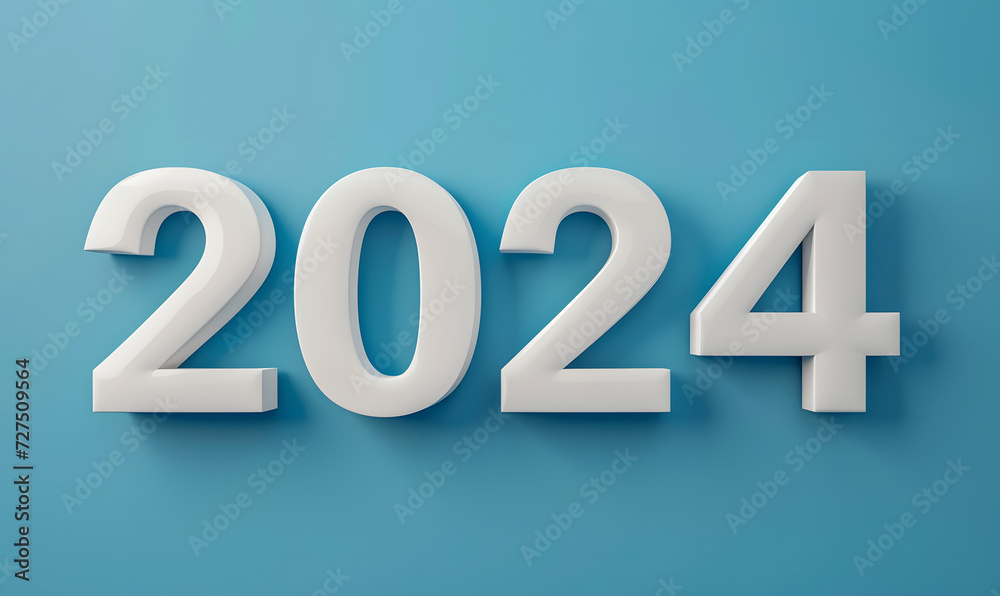White 3d rendering 2024 text on sky blue background, Generative AI