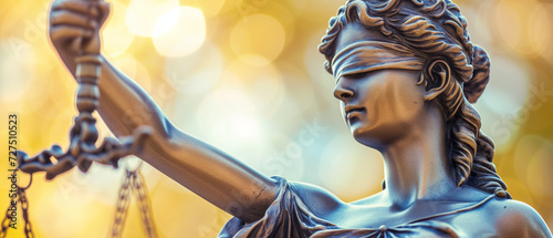The Symbol of Justice: A Majestic Close-Up of Lady Justice with Scales in a Warm, Ethereal Glow