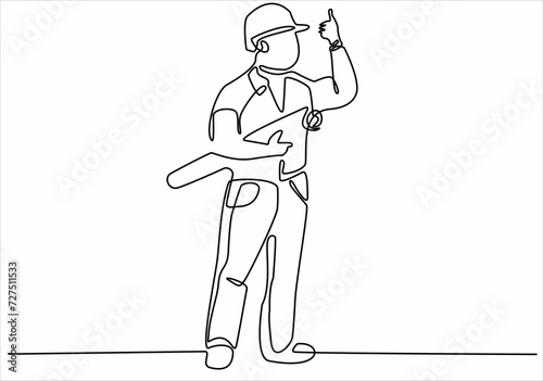 A continuous line drawing of the young foreman manager controlling the construction of the building. Building an architectural business concept. Single line drawing vector graphic design illustration