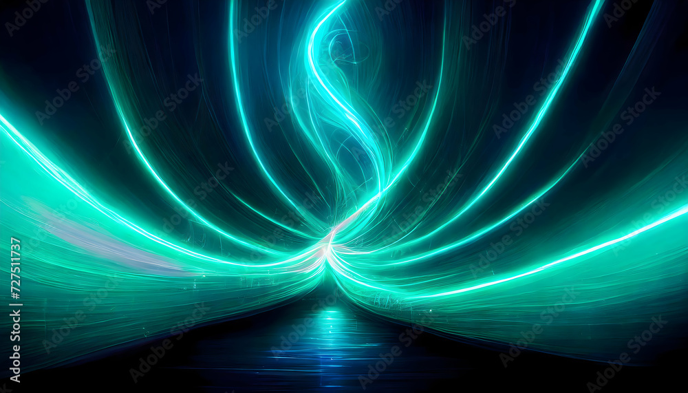 Abstract Neon light painting with turquoise sea waves pattern on digital art concept, Generative AI.