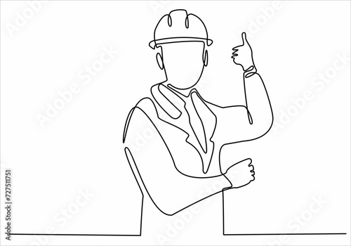 A continuous line drawing of the young foreman manager controlling the construction of the building. Building an architectural business concept. Single line drawing vector graphic design illustration