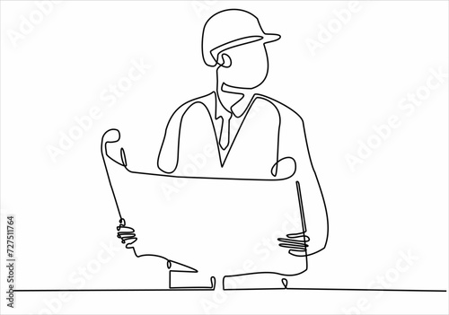 A continuous line drawing of the young foreman manager controlling the construction of the building. Building an architectural business concept. Single line drawing vector graphic design illustration