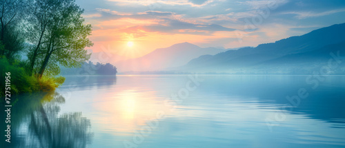 Serene lake at sunrise with mountains and trees.
