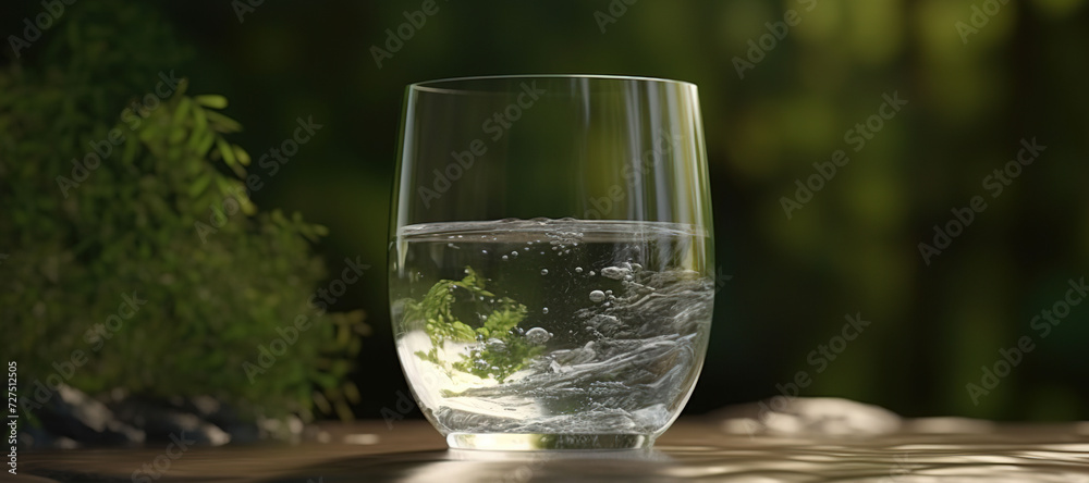 fresh clear mineral water in a glass with forest background 84